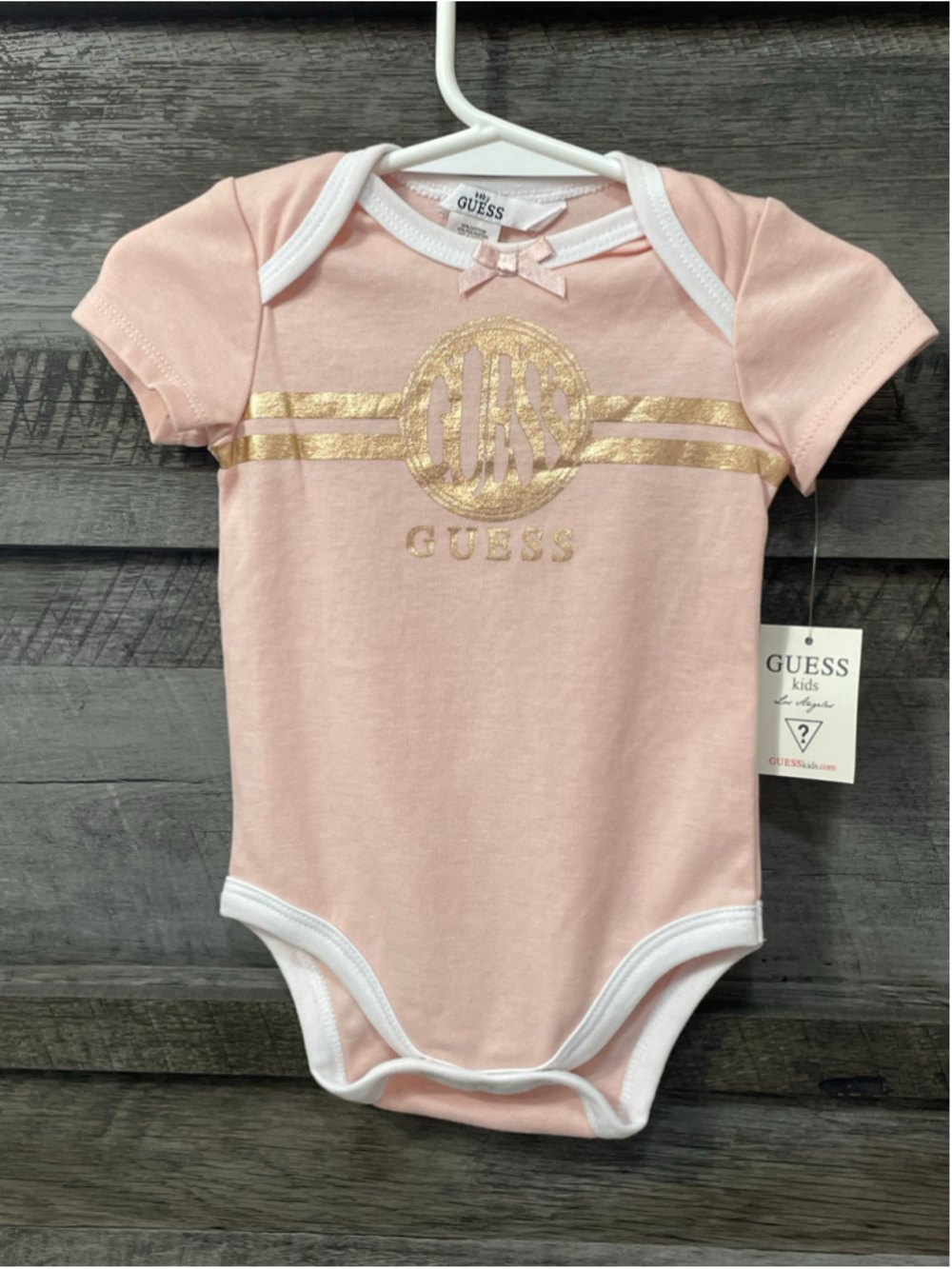 NWT Guess Baby Pink Metallic Gold Logo Bodysuit 6/9 Months